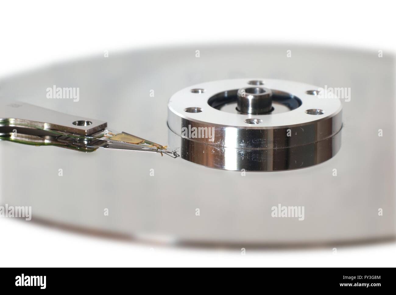 Immagine macro di un disco piatto, il mandrino e la testa Foto Stock