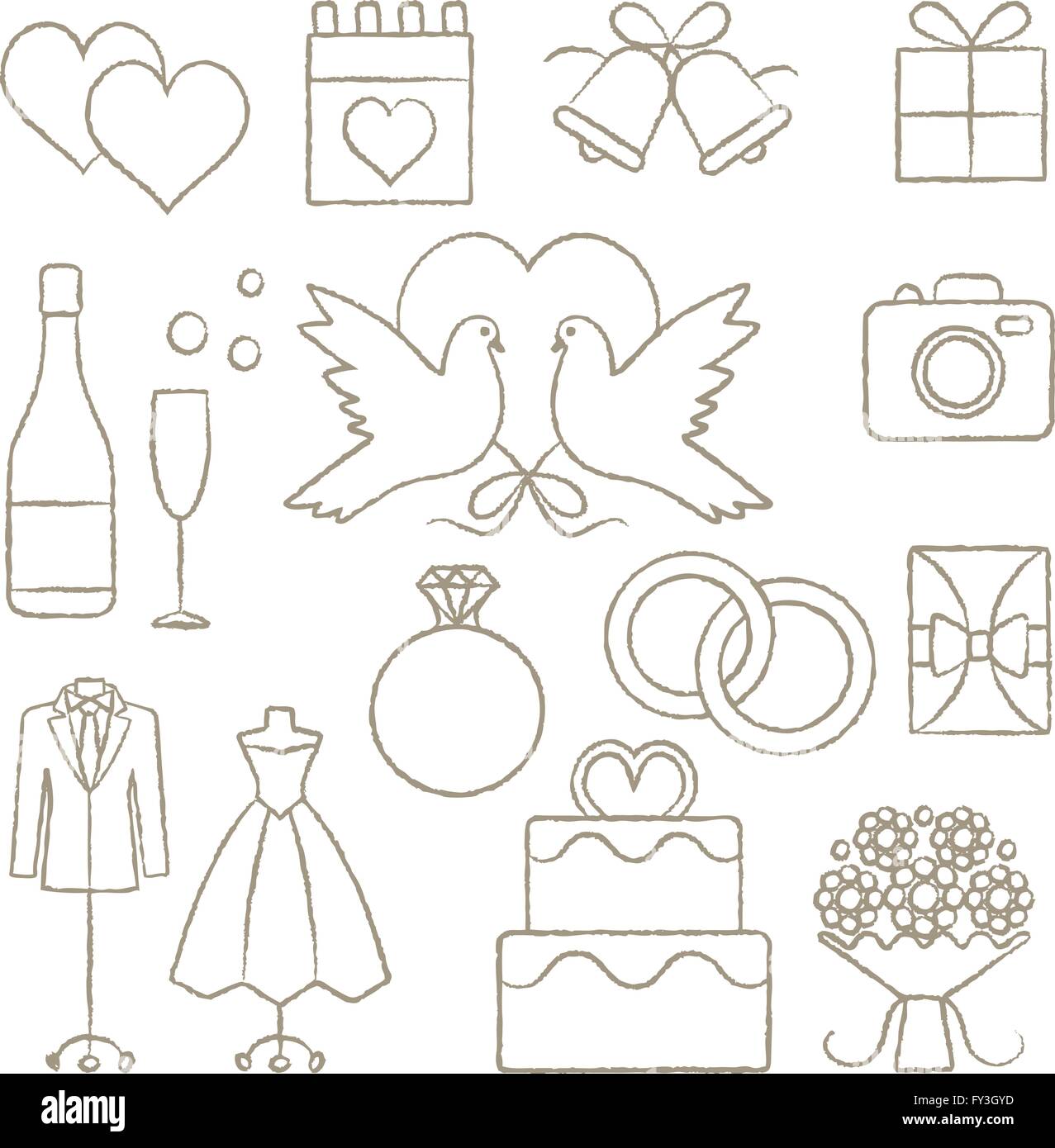 Artistiche disegnate a mano nozze vettore relativi set di icone Illustrazione Vettoriale