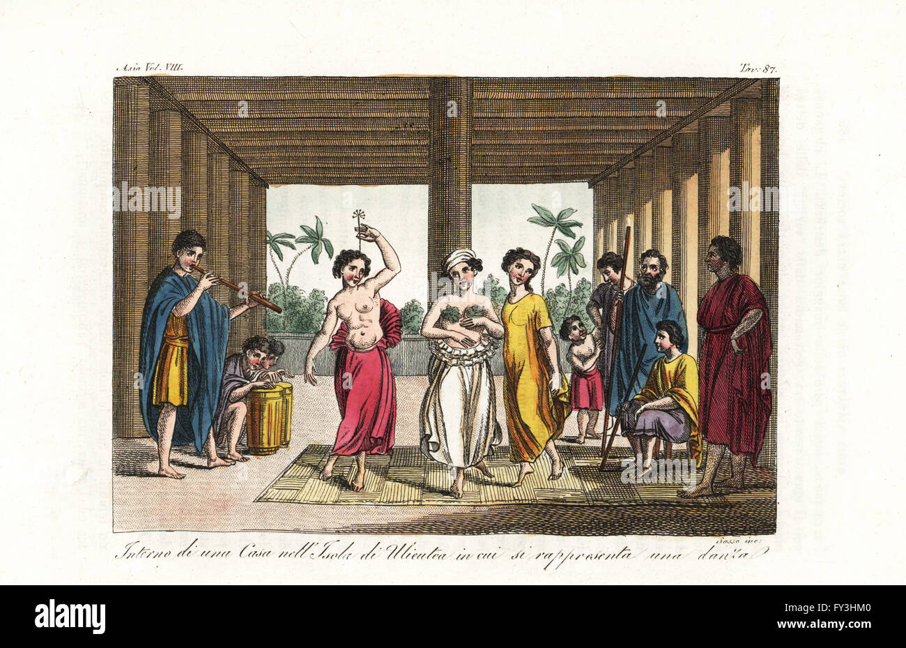 Donne che danzano il heiva o hula dance al tamburo e il tubo di musica in una casa sull'Isola Raiatea, Isole della Società. Copperplate Handcolored incisi da Sasso dopo Giovanni Battista Cipriani e Sydney Morbo di Parkinson da Giulio Ferrario le antiche e moderne costumi di tutti i popoli del mondo, Firenze, Italia, 1844. Foto Stock