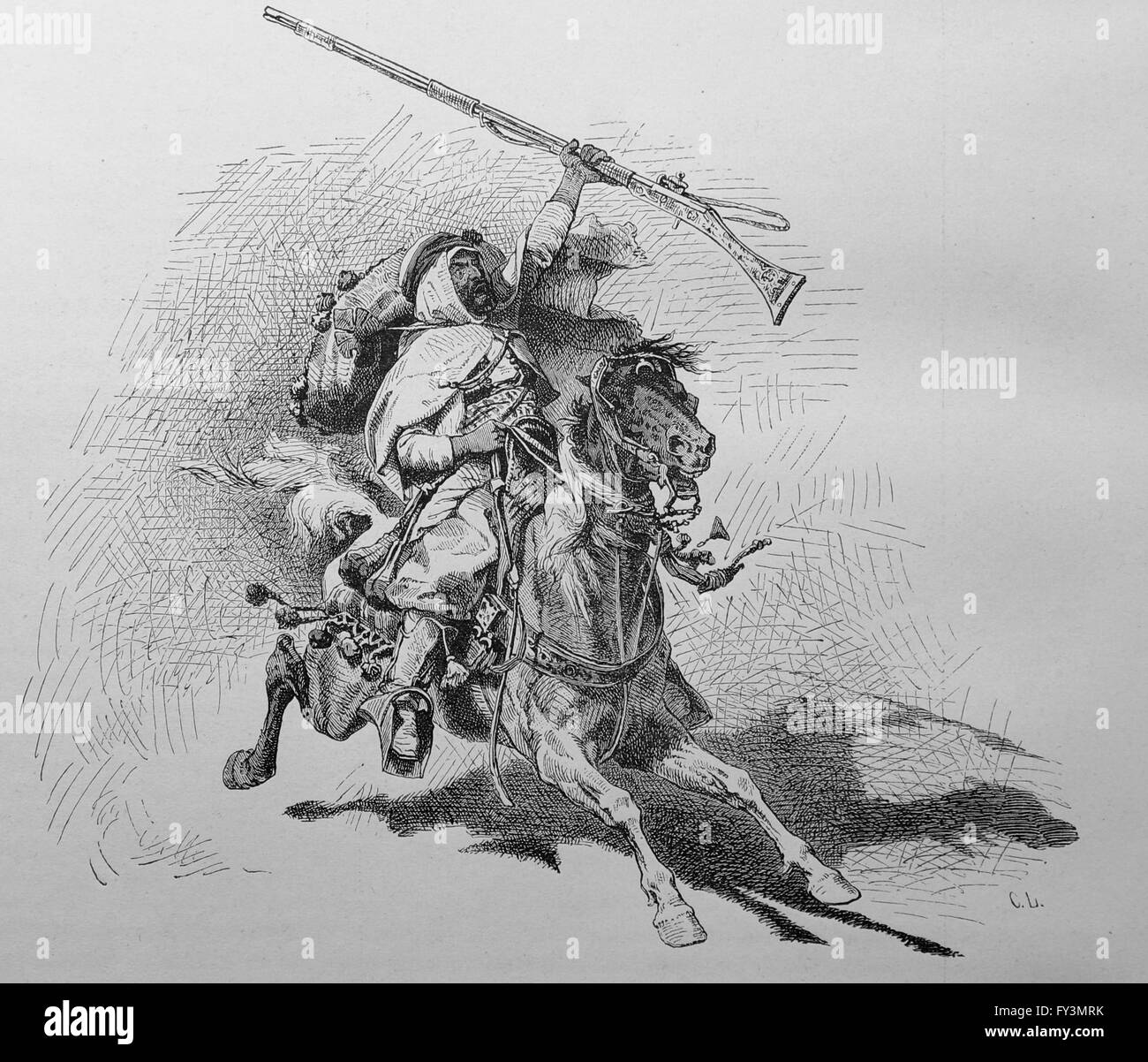 L'Africa. El Djerid regione. Arab Horseman con il fucile. Incisione. Ilustracion Artistica, 1885. Spagna. Foto Stock