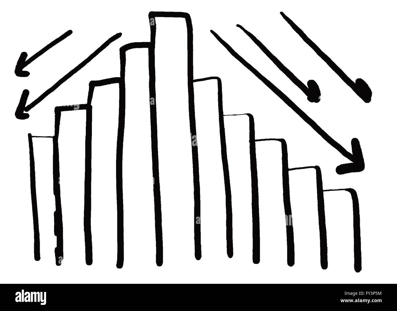 Business il grafico a barra creare nel disegnati a mano la progettazione e la freccia giù per la misurazione delle prestazioni idea. Foto Stock