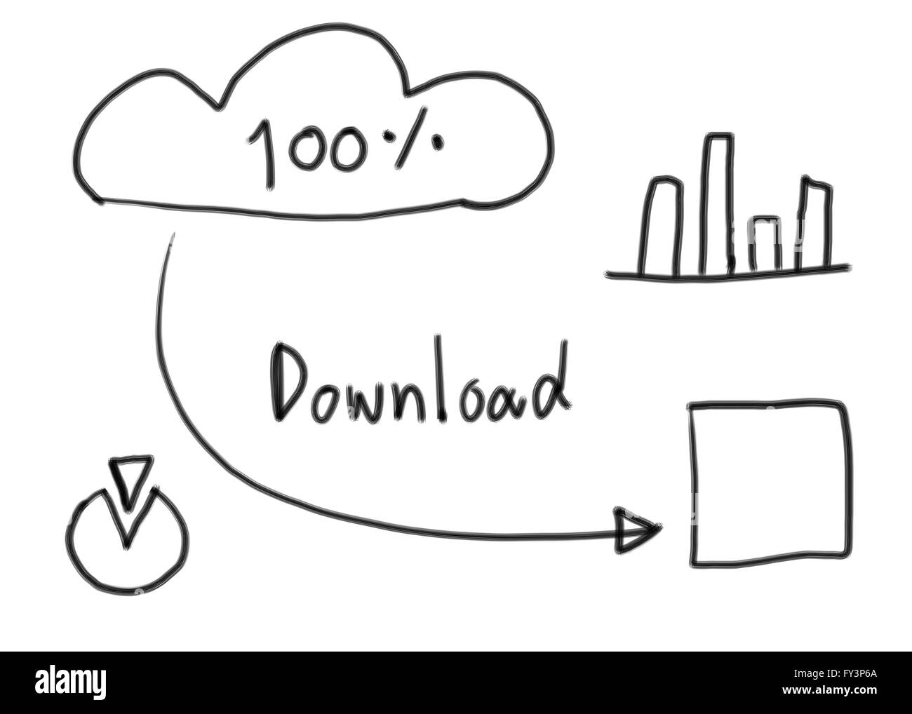 Scaricare il concetto di creare in disegnati a mano e freccia in basso su sfondo bianco. Foto Stock