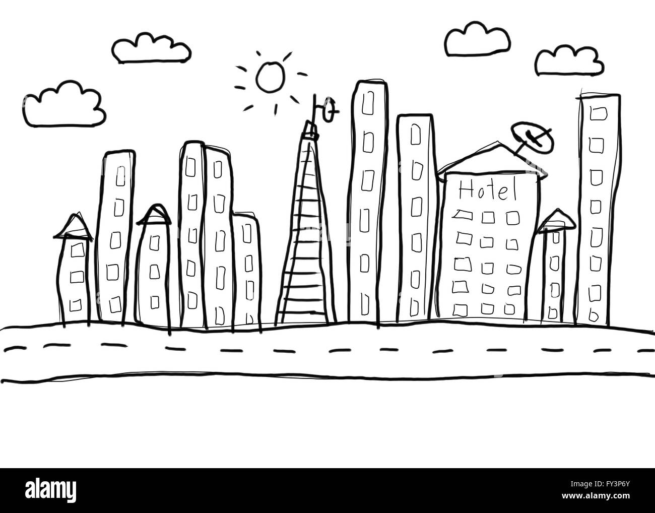 Città in disegnati a mano idea design,formato di modello di linea arte su sfondo bianco. Foto Stock