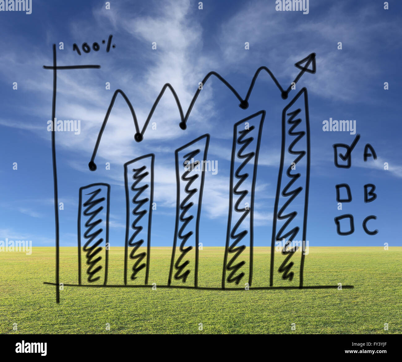 Business il grafico a barra creare in mano design disegnato e a far crescere la freccia per la misurazione delle prestazioni idea su sfondo naturale. Foto Stock