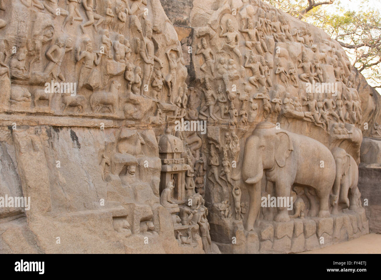 Krishna Mandapam, Mahabalipuram tempio complesso, costa di Coromandel, India Foto Stock