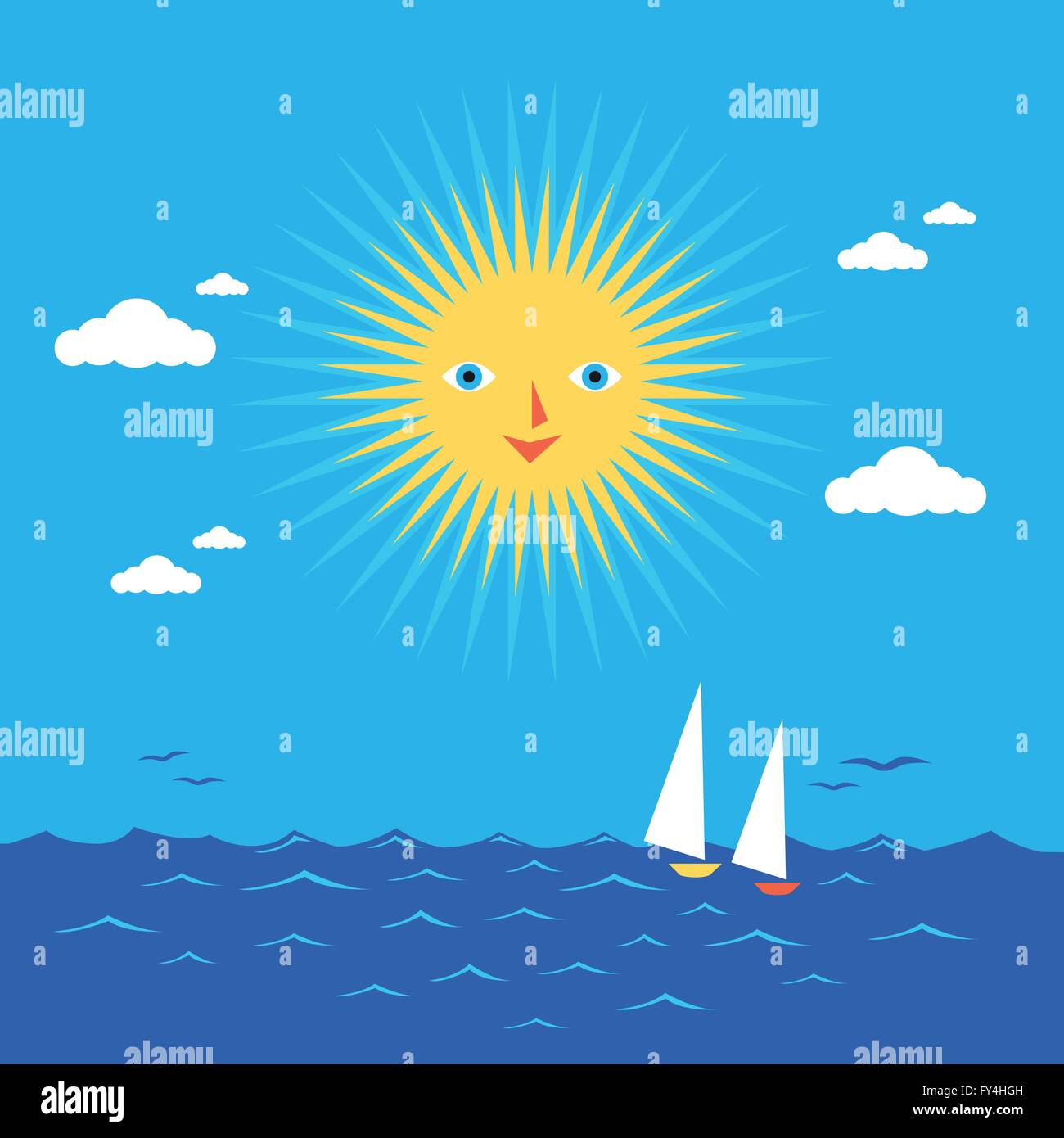 Il sole e il mare. Illustrazione di un caldo sole estivo al di sopra del mare Illustrazione Vettoriale