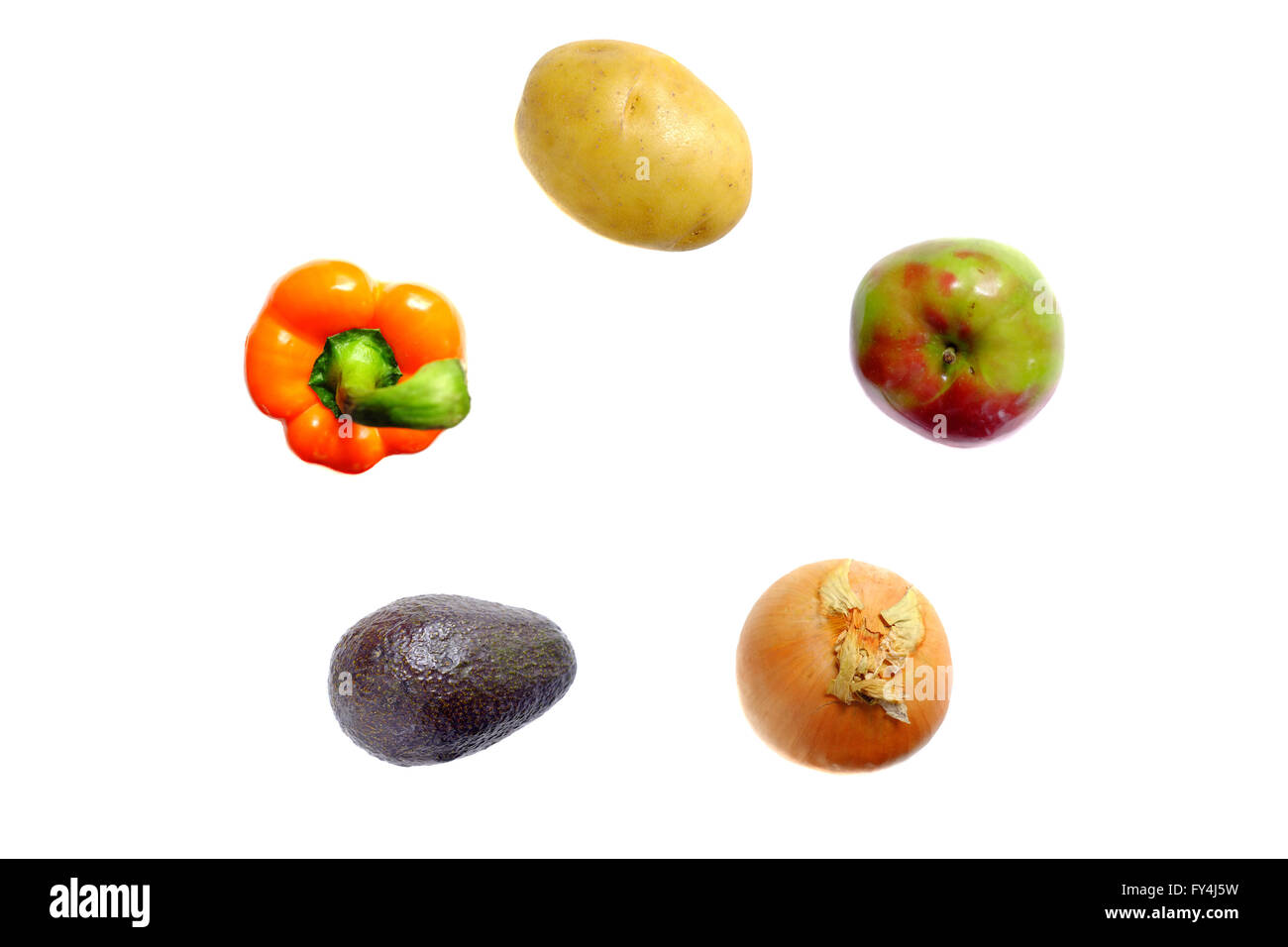 Il Britannico dietetici consigliati sconto del 5 frutta e verdura fotografati contro uno sfondo bianco. Foto Stock