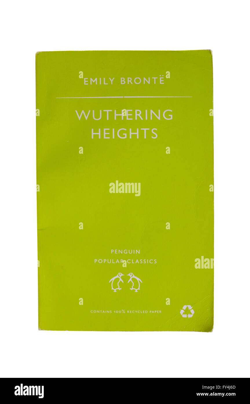 Il lato anteriore della pagina di Wuthering Heights di Emily Bronte fotografati contro uno sfondo bianco. Foto Stock