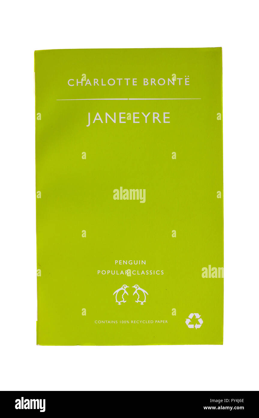 Il lato anteriore della pagina di Jane Eyre di Charlotte Bronte fotografati contro uno sfondo bianco. Foto Stock