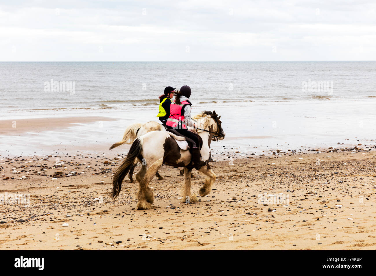 Passeggiate a cavallo sulla spiaggia cavalli al galoppo sulla sabbia Bridlington Yorkshire Regno Unito Inghilterra città costiera di città Foto Stock