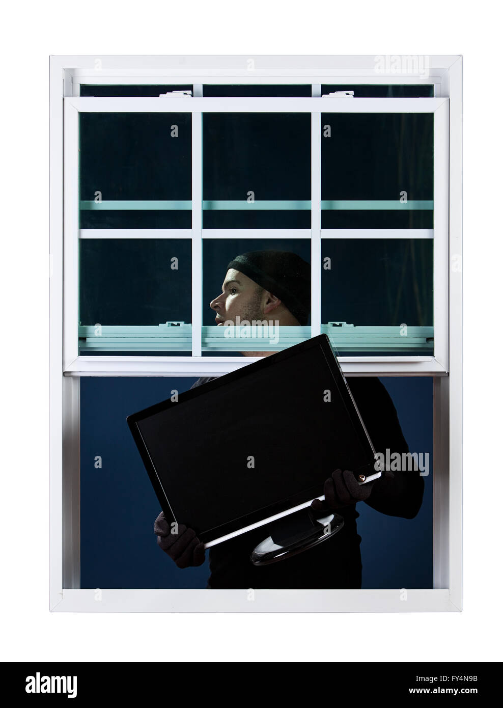 Serie con maschio caucasico come un ladro o ladro di intrufolarsi in una finestra, che trasportano merci rubate, ecc. Isolato su bianco backgroun Foto Stock