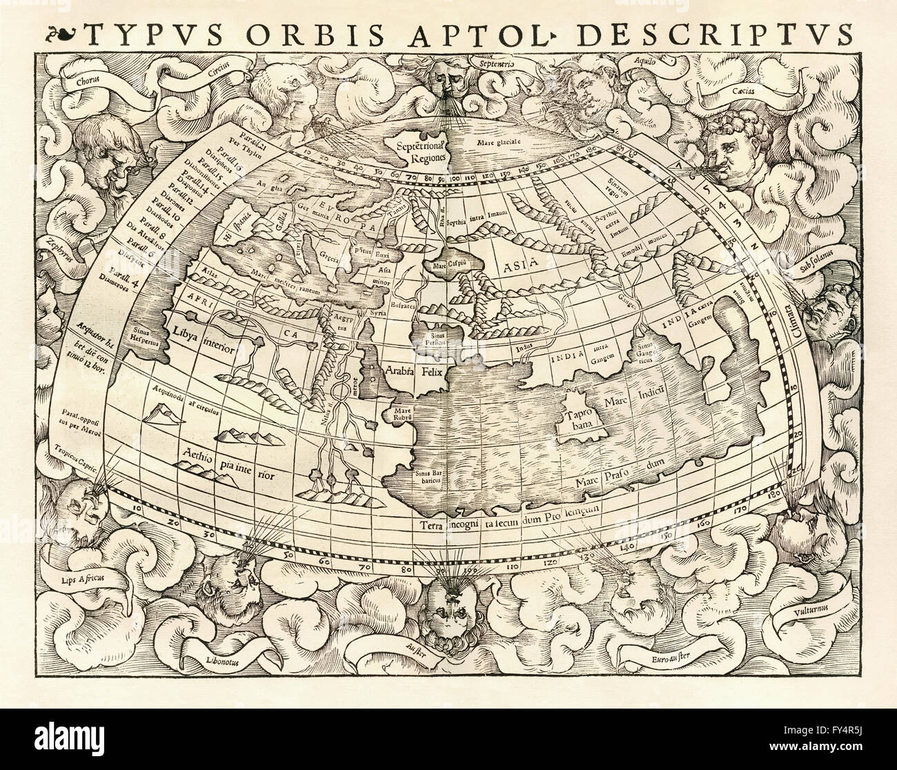 "Typus Orbis un Ptol. Desciptus' Mappa del mondo secondo Claudio Tolomeo (100-170), Greco-Egyptian geografo e cartografo. Vedere la descrizione per maggiori informazioni. Foto Stock