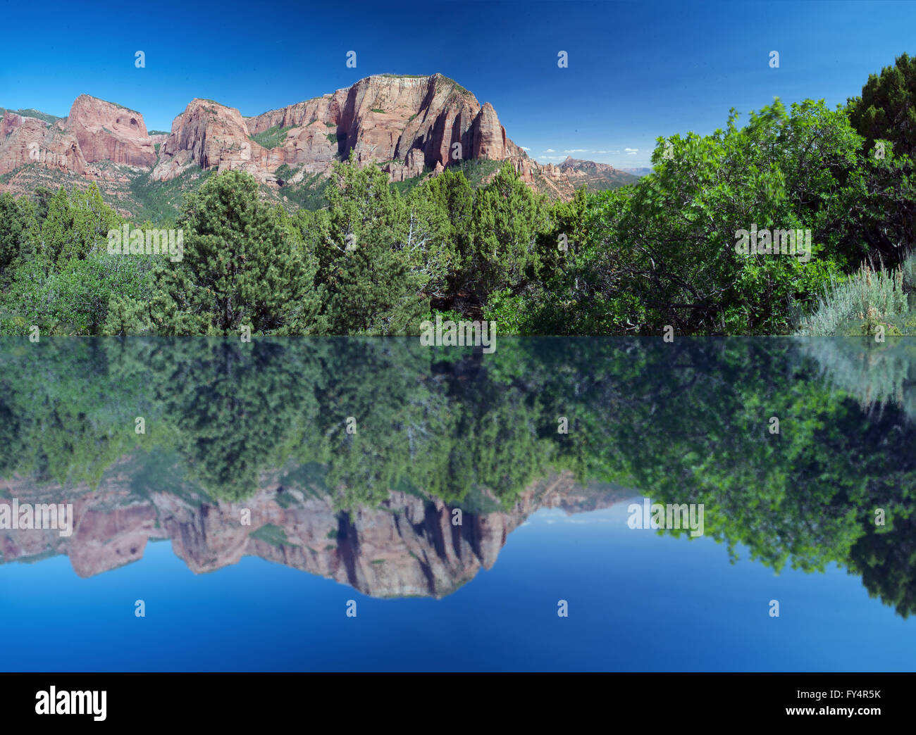 Le montagne con fogliame verde riflette acqua simulato. Foto Stock