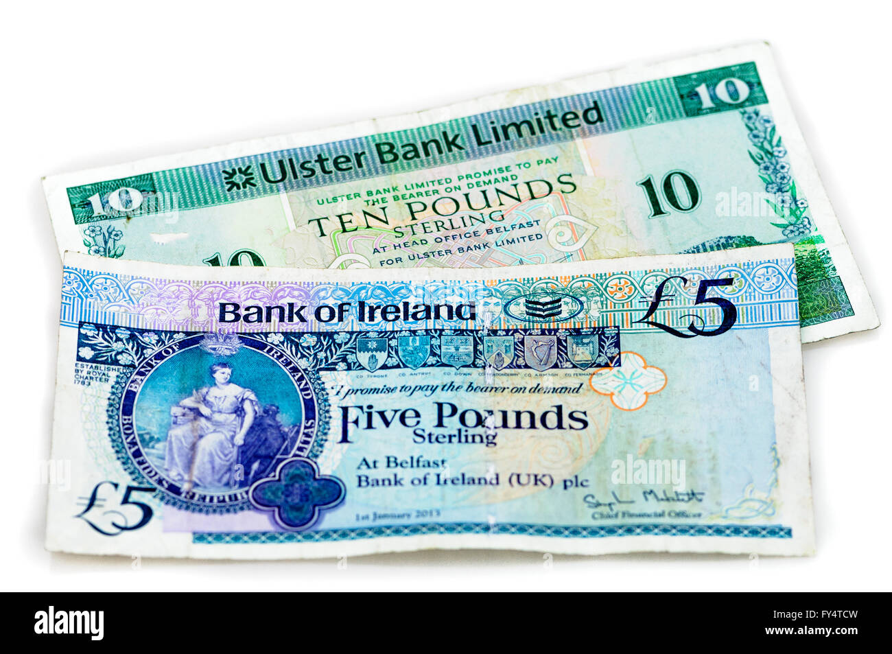 Ulster Bank e Banca d'Irlanda banconote, come utilizzato in Irlanda del Nord. Foto Stock
