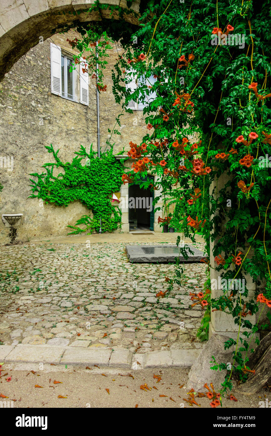 Chateau de Mouans Sartoux gate al palazzo con fiori di colore rosso Foto Stock