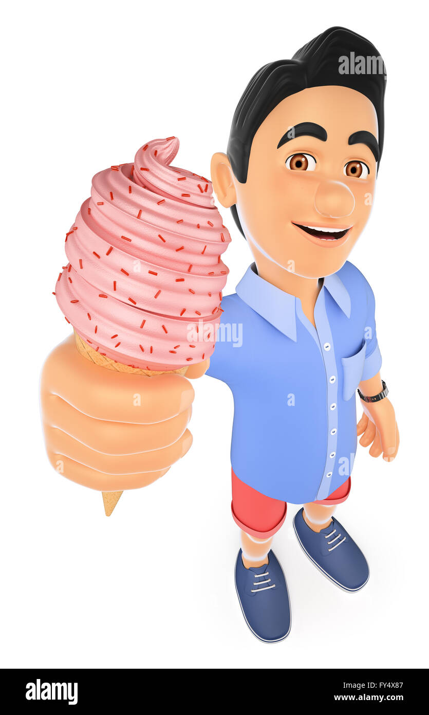 3d i giovani. l uomo in pantaloncini corti con un cono gelato isolati a sfondo bianco. Foto Stock