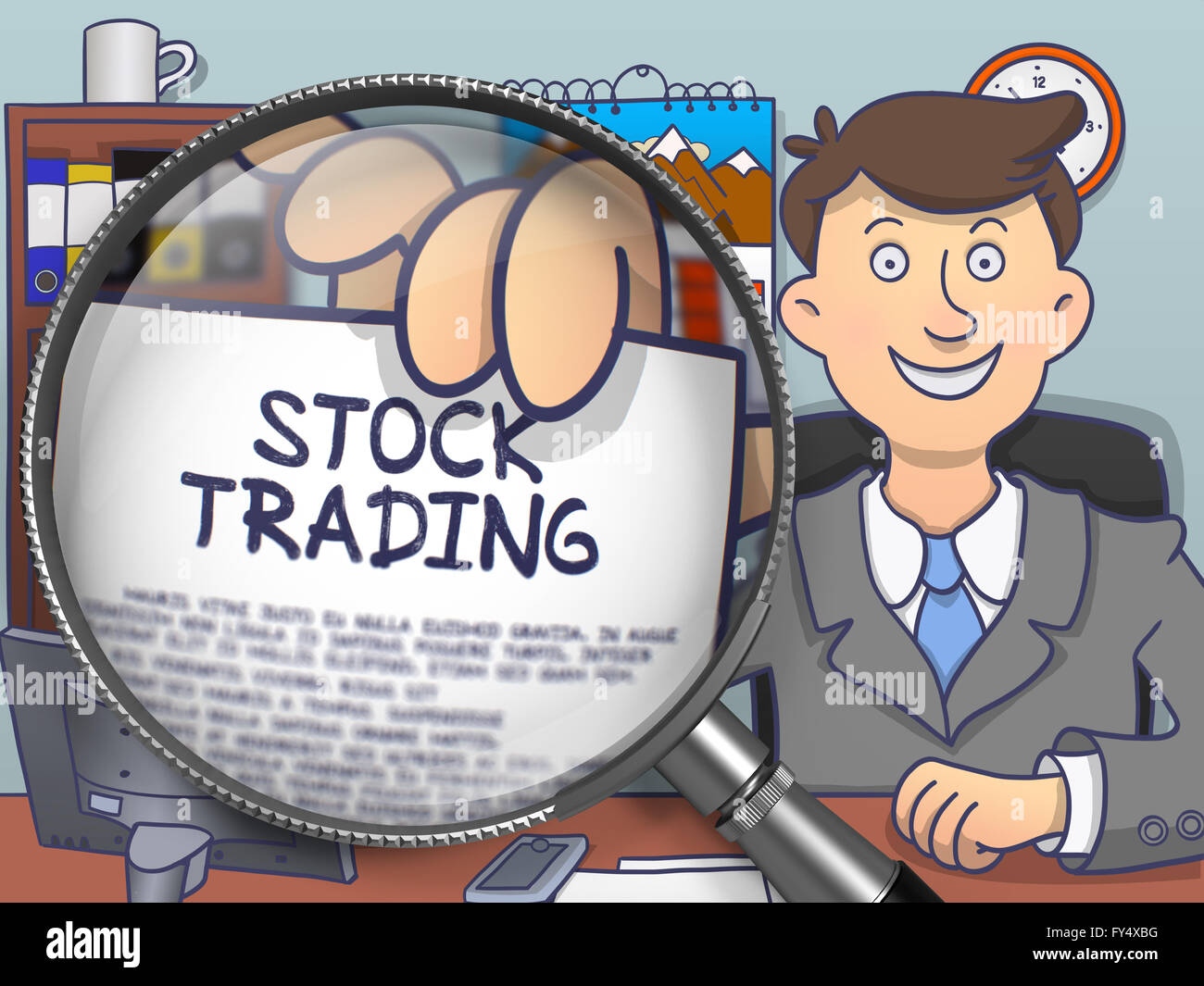 Negoziazioni di borsa attraverso la lente di ingrandimento. Doodle stile. Foto Stock