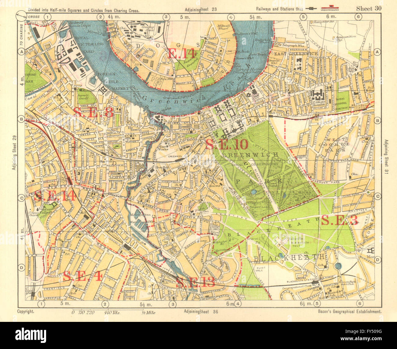 SE Londra. Deptford Greenwich Cubitt Town Lewisham Blackheath. BACON, 1928 Mappa Foto Stock