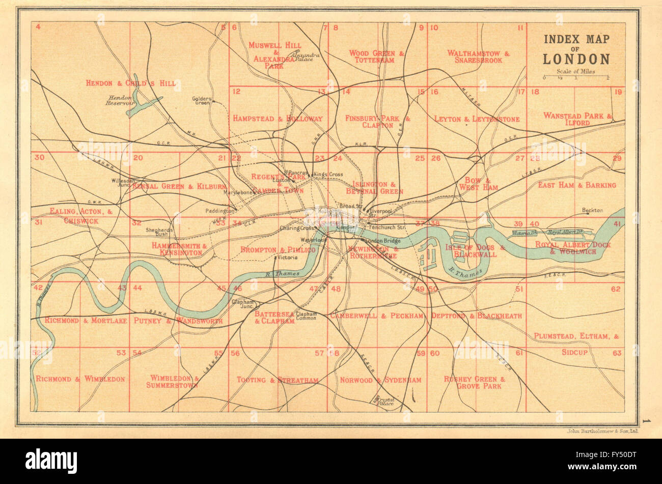 Londra: Indice mappa di Londra. Le ferrovie. Bartolomeo, 1917 Foto Stock