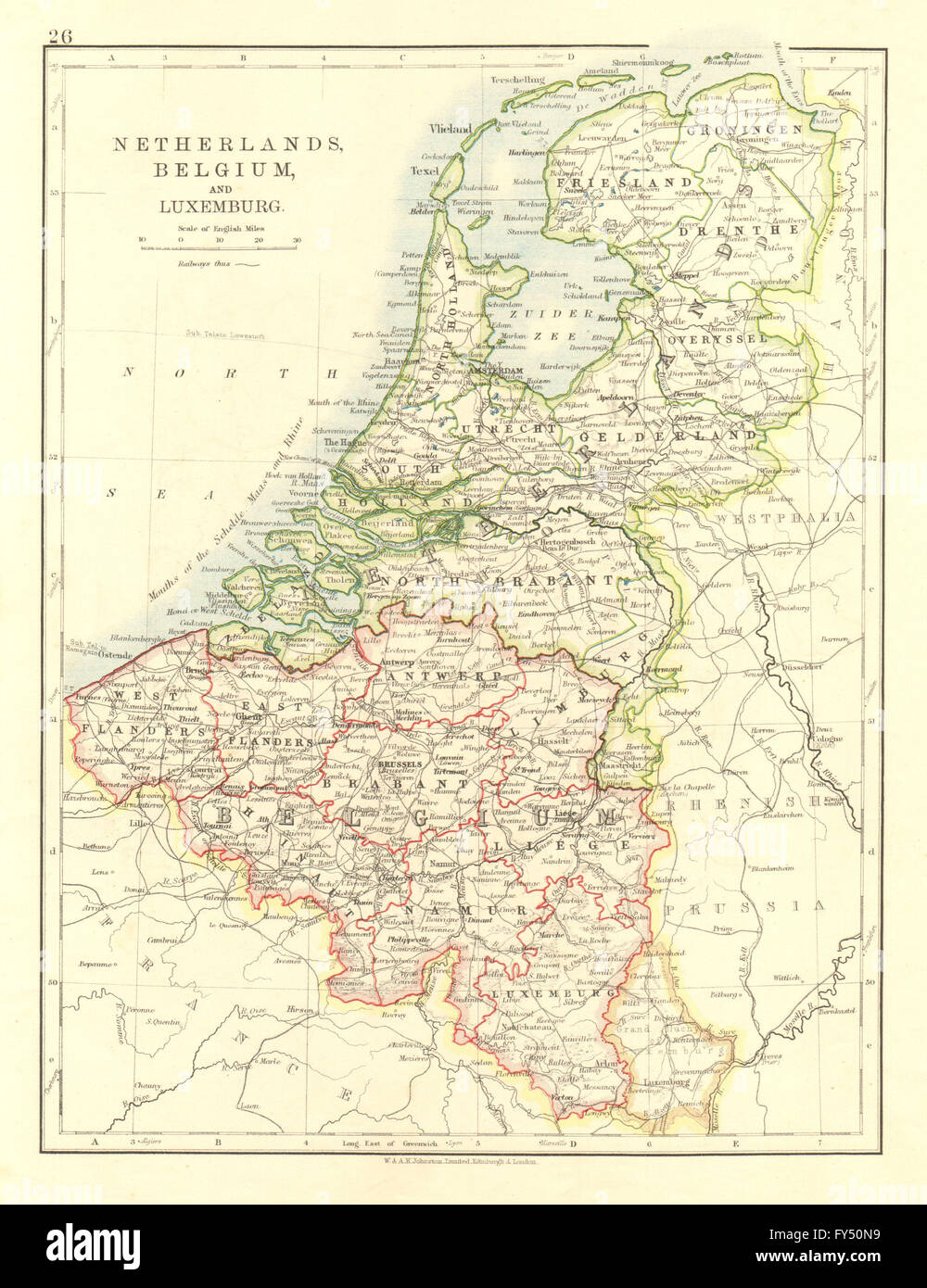 BENELUX.Netherlands Belgio Lussemburgo. Holland. JOHNSTON, 1906 Mappa antichi Foto Stock