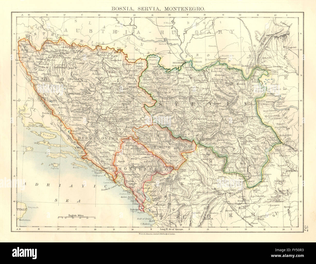 La BOSNIA SERVIA MONTENEGRO. Balcani Serbia Croazia Erzegovina. JOHNSTON, 1906 Mappa Foto Stock