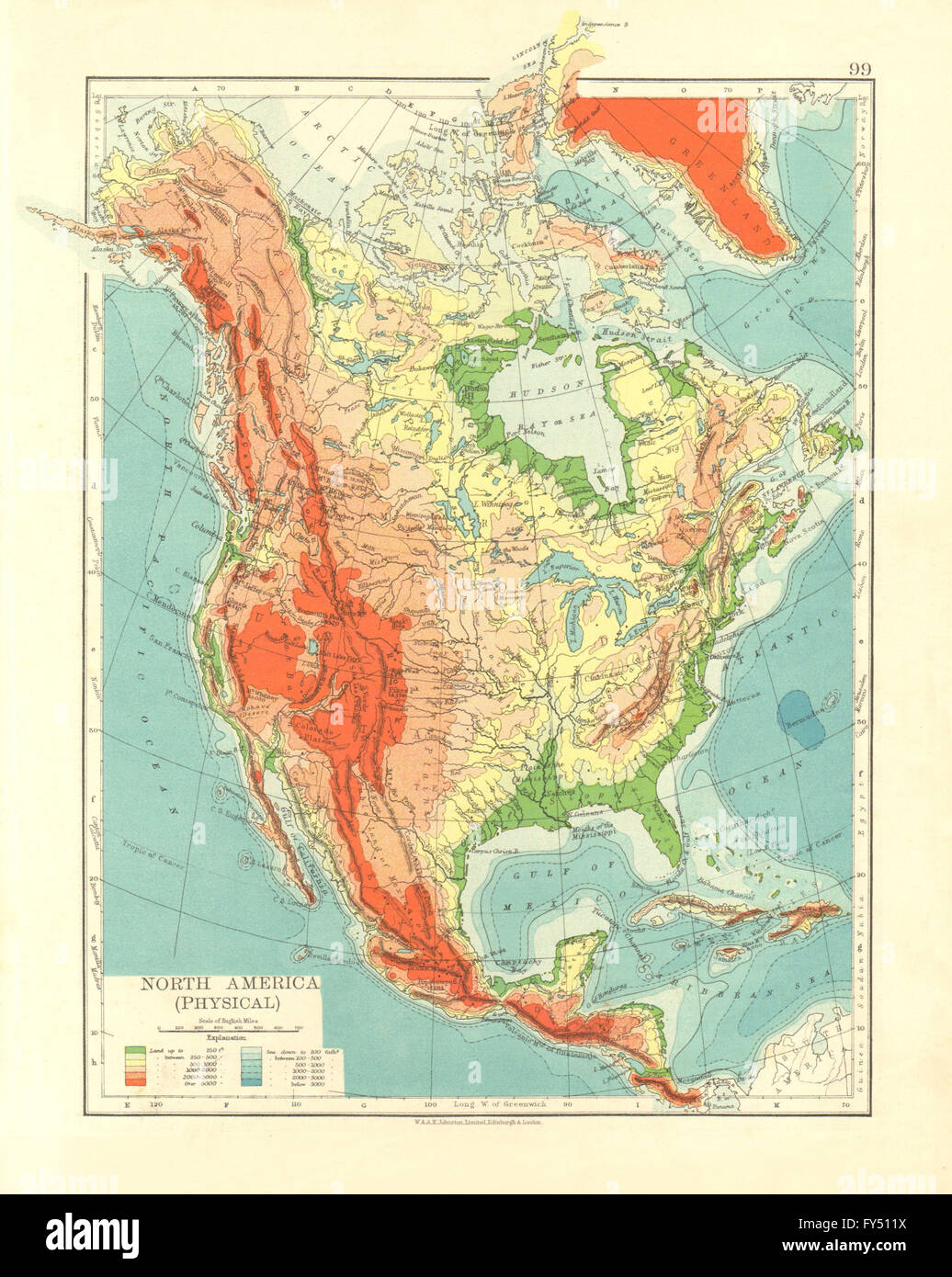 Nord America fisico. Sollievo. Chiave di altezze di montagne. Oceano profondo , 1906 mappa Foto Stock