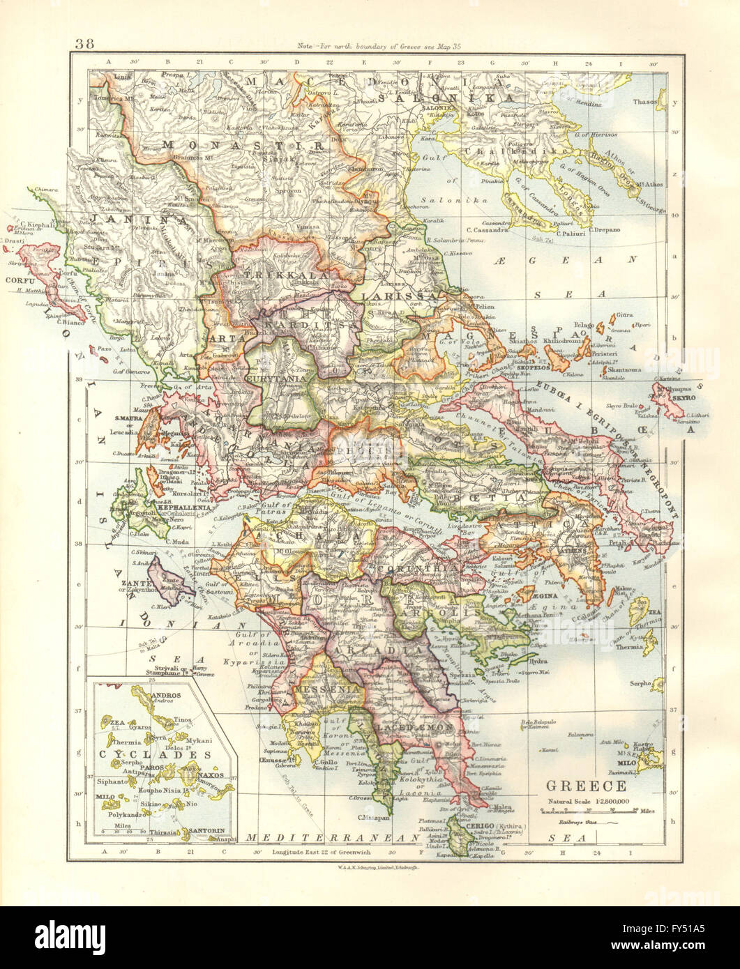 La Grecia. Peloponneso Tessaglia Epiro Attica Cicladi. JOHNSTON, 1920 mappa vecchia Foto Stock