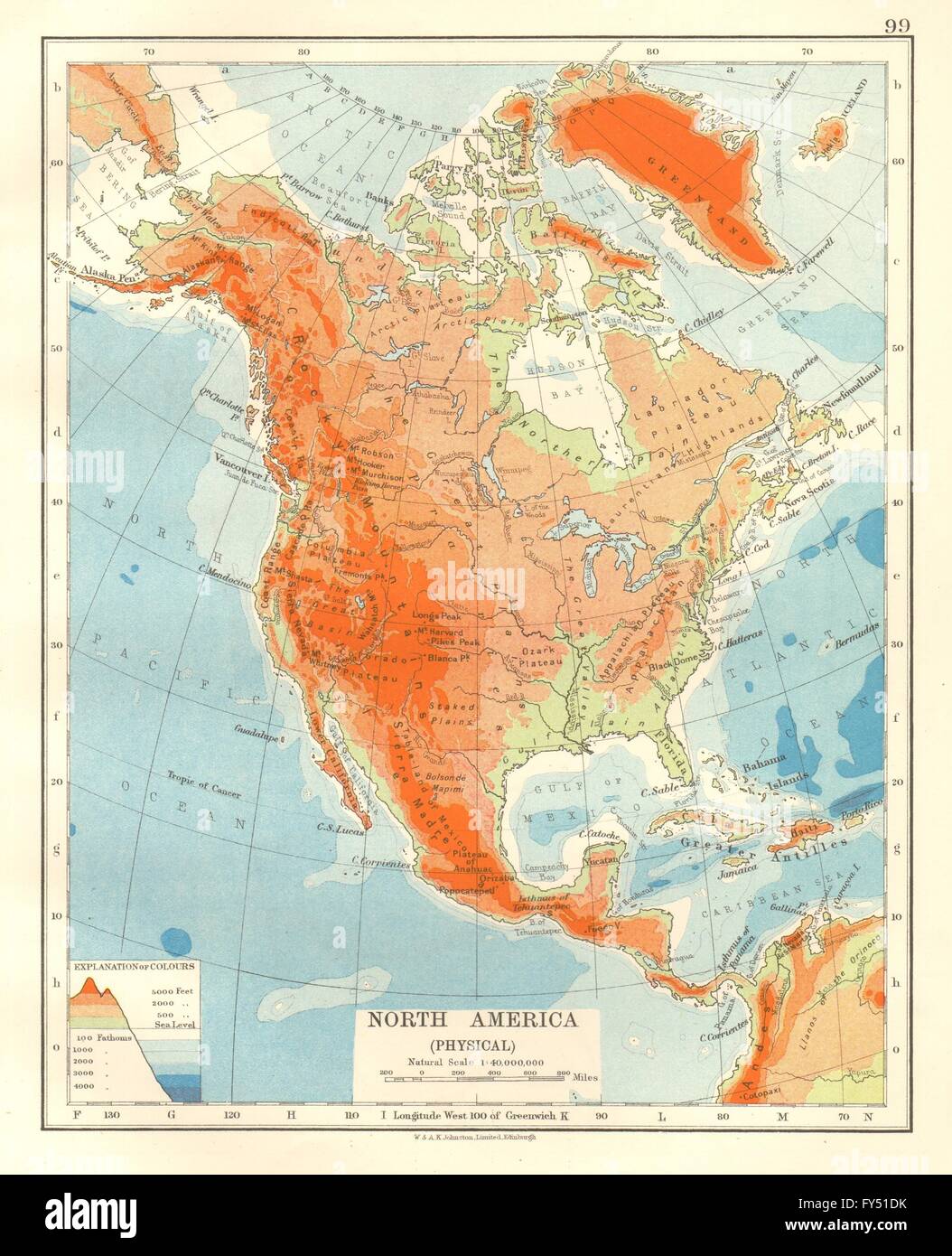 Nord America fisico. Sollievo. Chiave di altezze di montagne. Oceano profondo , 1920 mappa Foto Stock