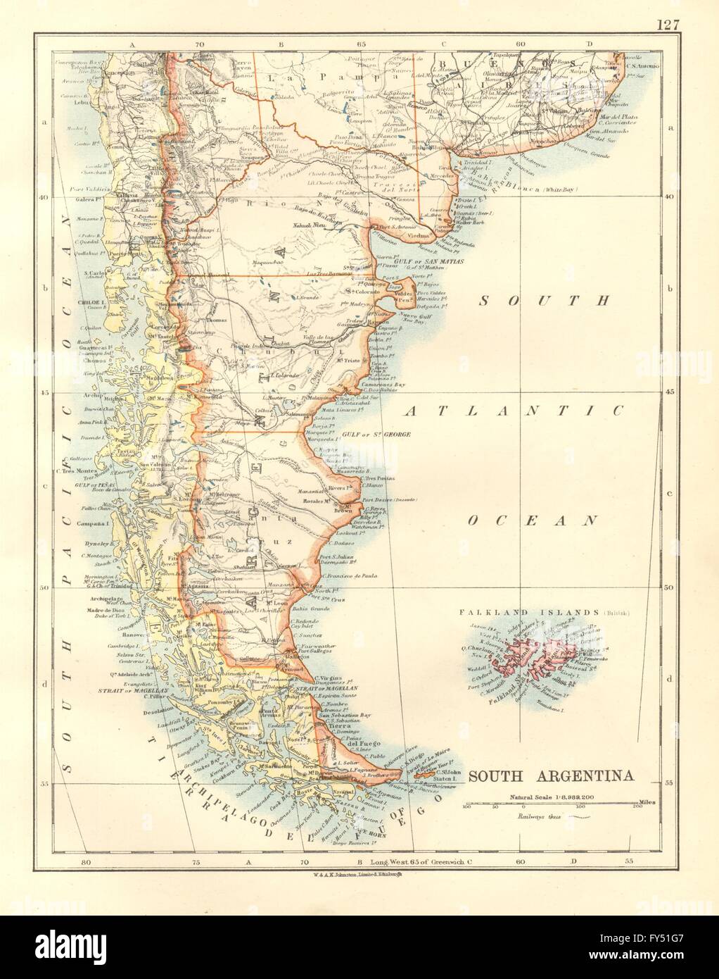 La Patagonia. Sud dell Argentina e del Cile. Isole Falkland. JOHNSTON, 1920 Mappa Foto Stock