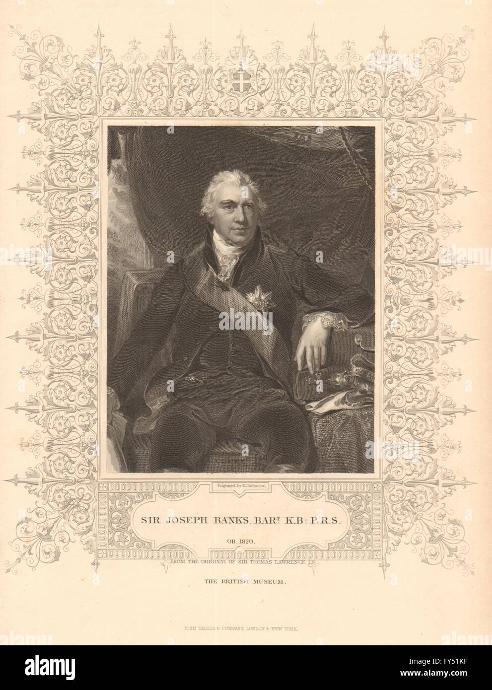 SIR Joseph Banks. Royal Presidente della Società. Naturalista. TALLIS, antica stampa 1849 Foto Stock