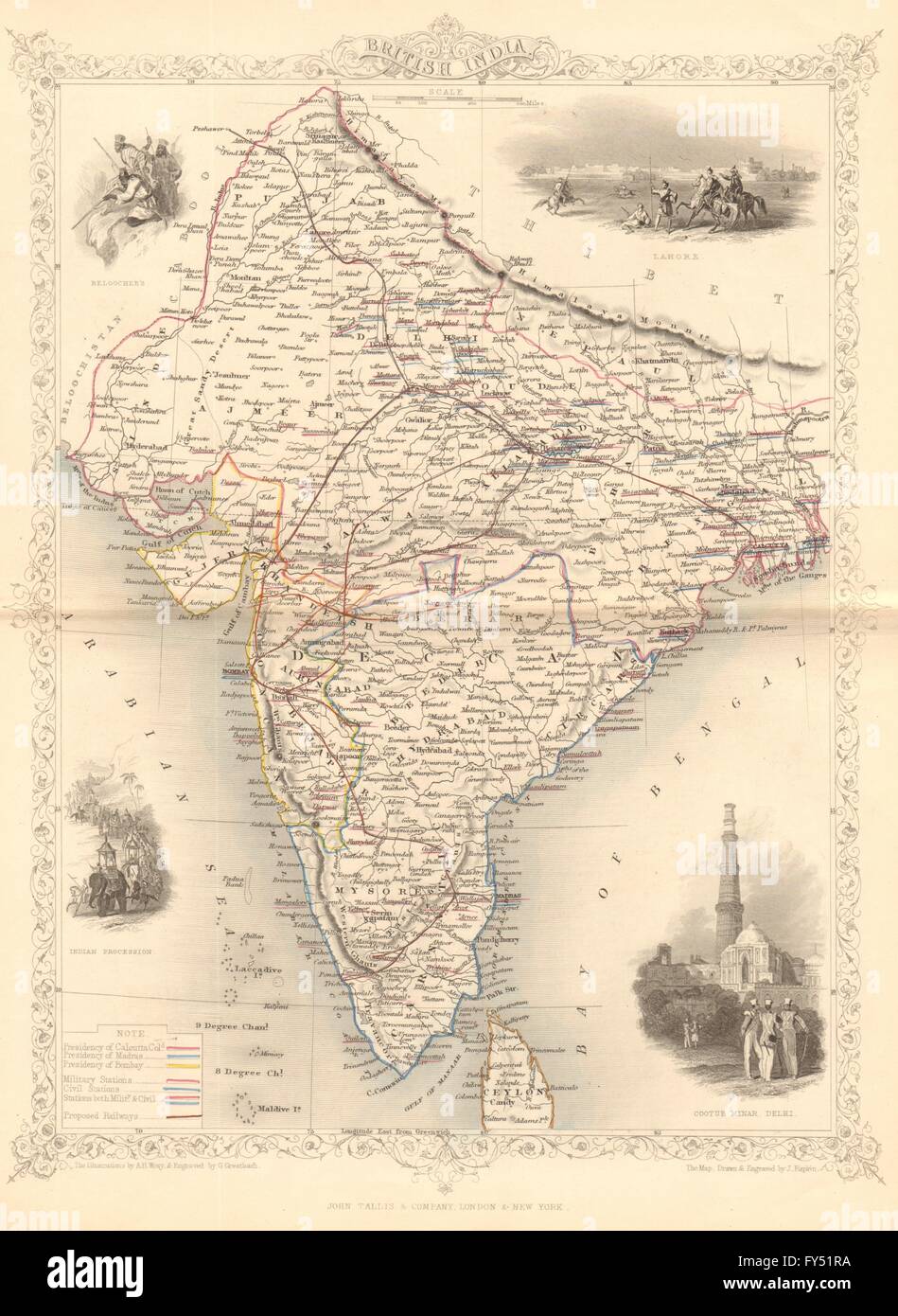 INDIA BRITANNICA. la mostra "Proposte ferrovie". Basi militari.TALLIS/RAPKIN, 1849 Mappa Foto Stock
