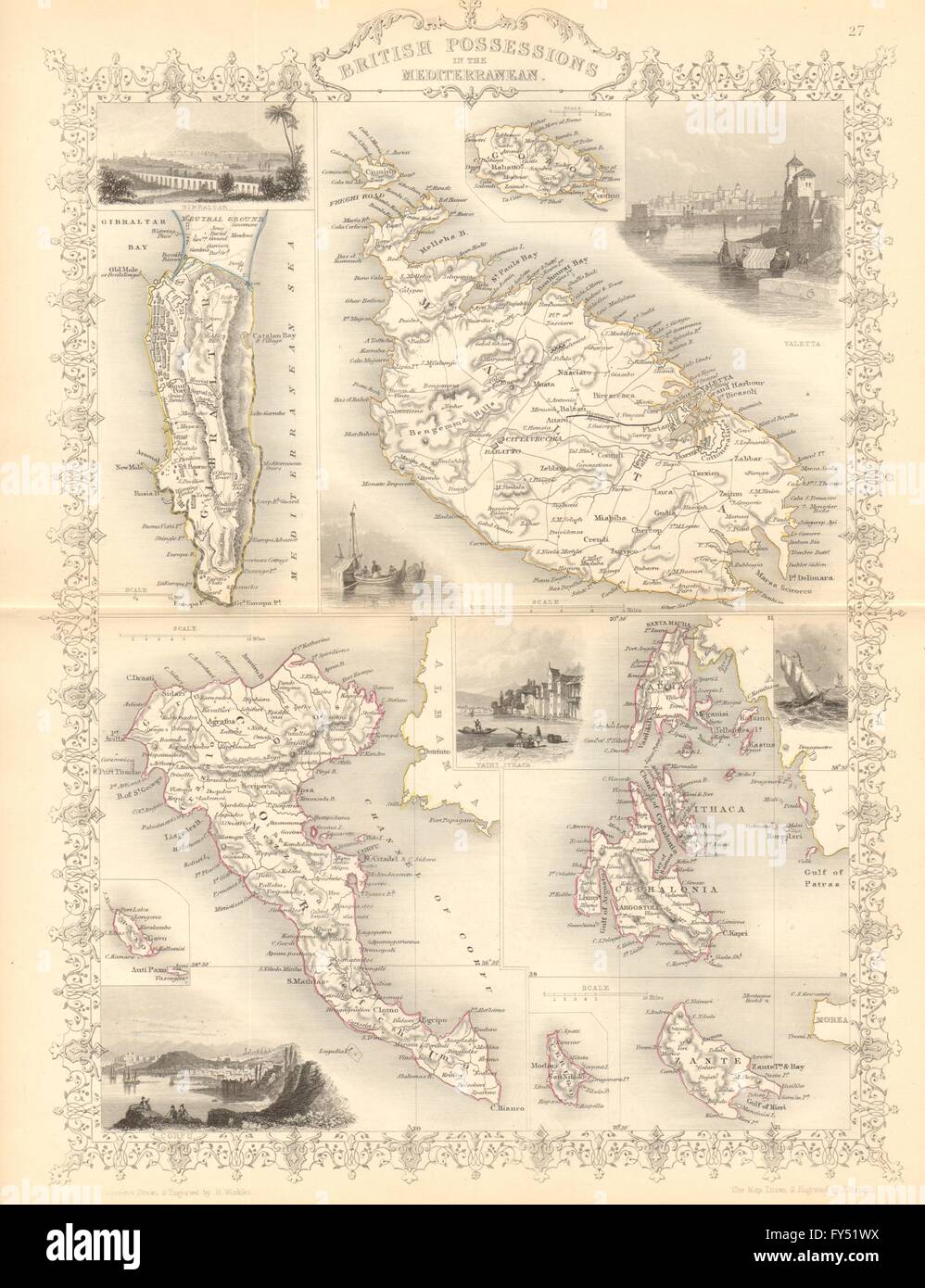Mediterraneo. Gib Malta Corfu Zante Cefalonia Lefkada.TALLIS/RAPKIN, 1849 Mappa Foto Stock