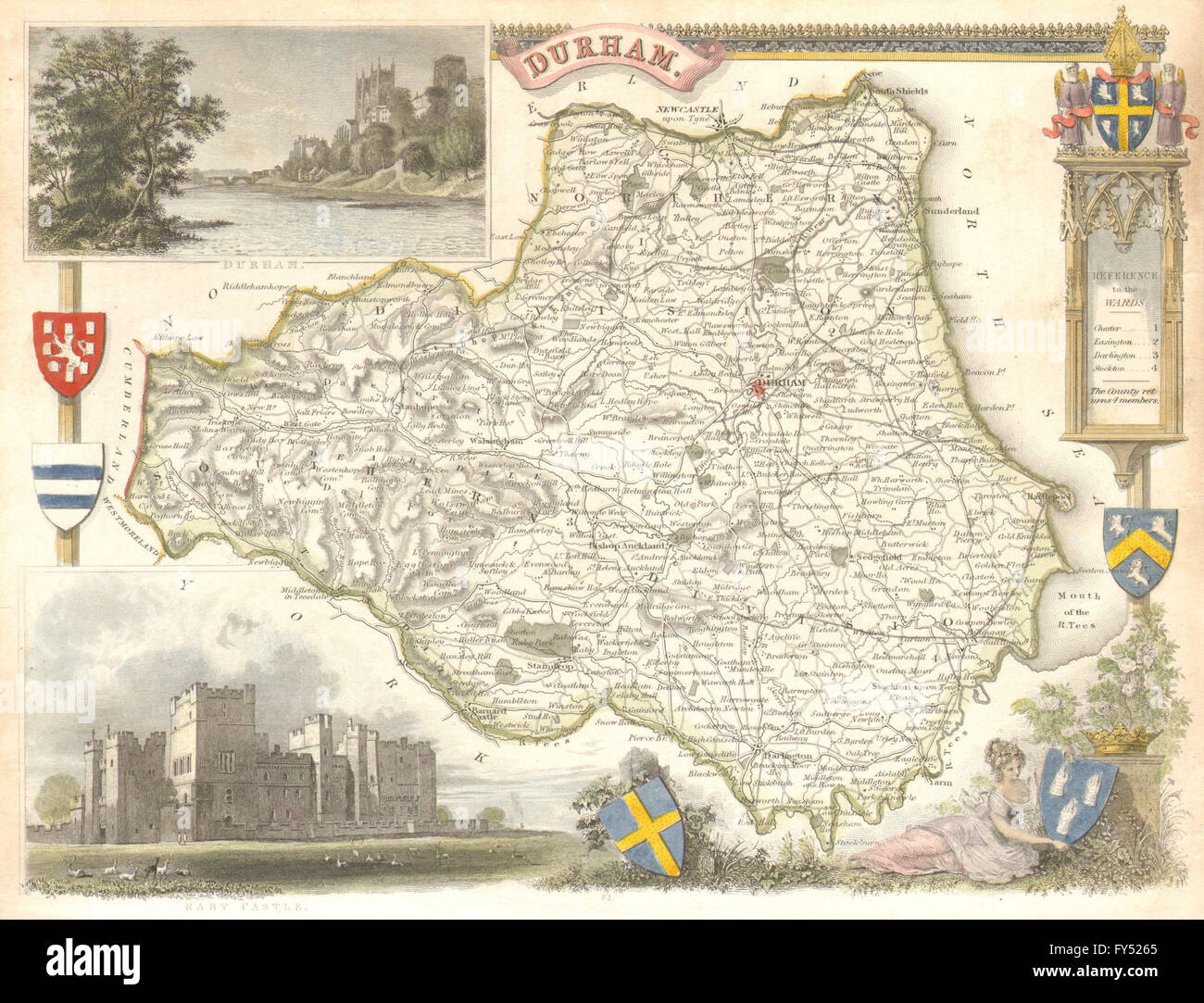 Durham antique colorate a mano county map da Thomas Moule, c1840 Foto Stock