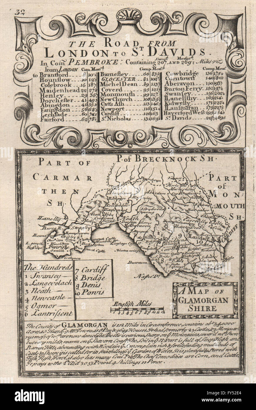 "Una mappa di Glamourgan-Shire'. County map da OWEN & BOWEN. Glamourganshire, 1753 Foto Stock