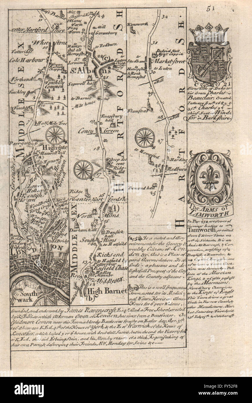 London-Holloway-Alta Barnet-St Albans-Redbourn road map da OWEN & BOWEN 1753 Foto Stock