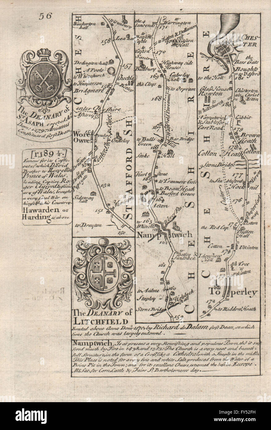 Woore-Nantwich-Tarporley-Chester striscia stradale mappa di J. OWEN & E. BOWEN, 1753 Foto Stock