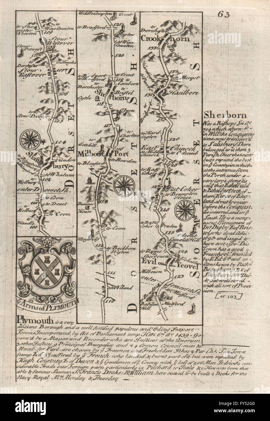 Shaftesbury-Milborne Port-Sherborne-Yeovil-Crewkerne OWEN/BOWEN road map 1753 Foto Stock