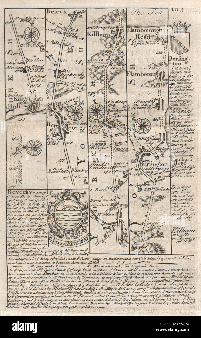 Hull-Beverley-Driffield-Kilham-Bridlington-Flamborough OWEN/BOWEN road map 1753 Foto Stock