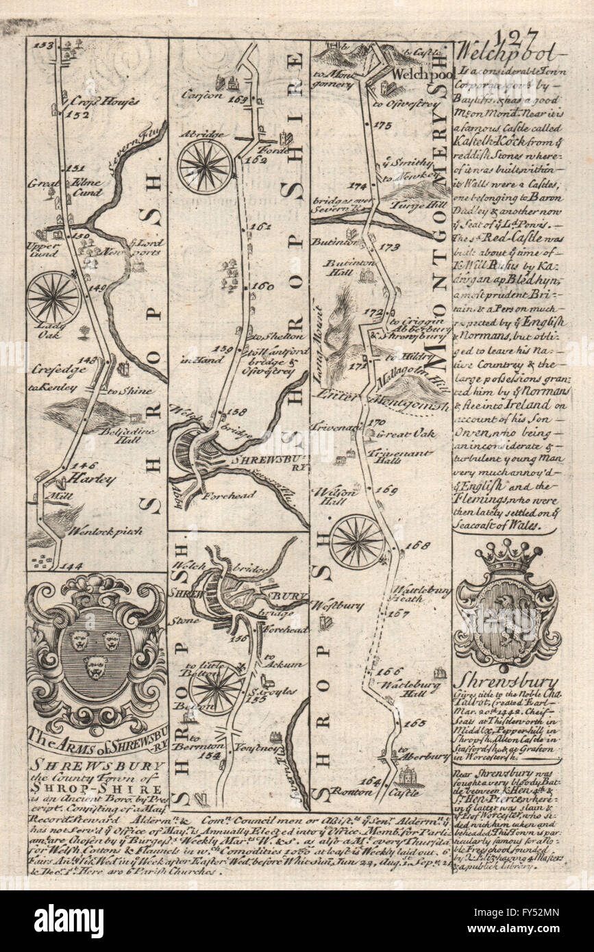 Harley-Shrewsbury-Welshpool road map di striscia da J. OWEN & E. BOWEN, 1753 Foto Stock