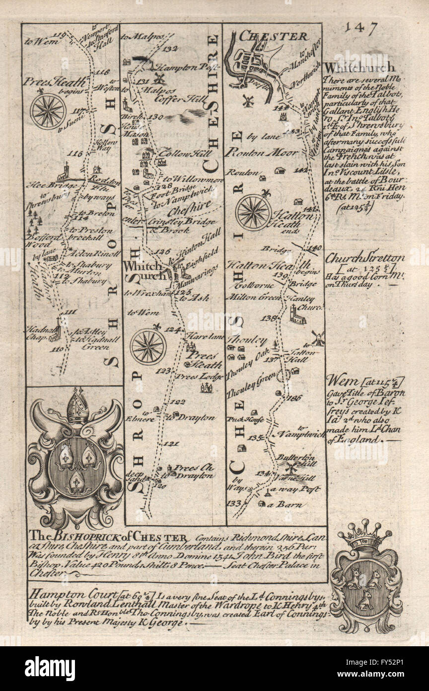 Prees Heath-Whitchurch-Chester road map di striscia da J. OWEN & E. BOWEN, 1753 Foto Stock