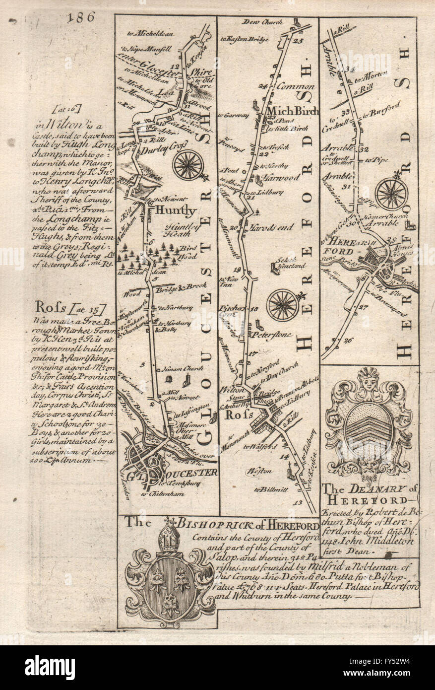 Gloucester-Huntley-Ross on Wye-Much Birch-Hereford OWEN/BOWEN road map, 1753 Foto Stock