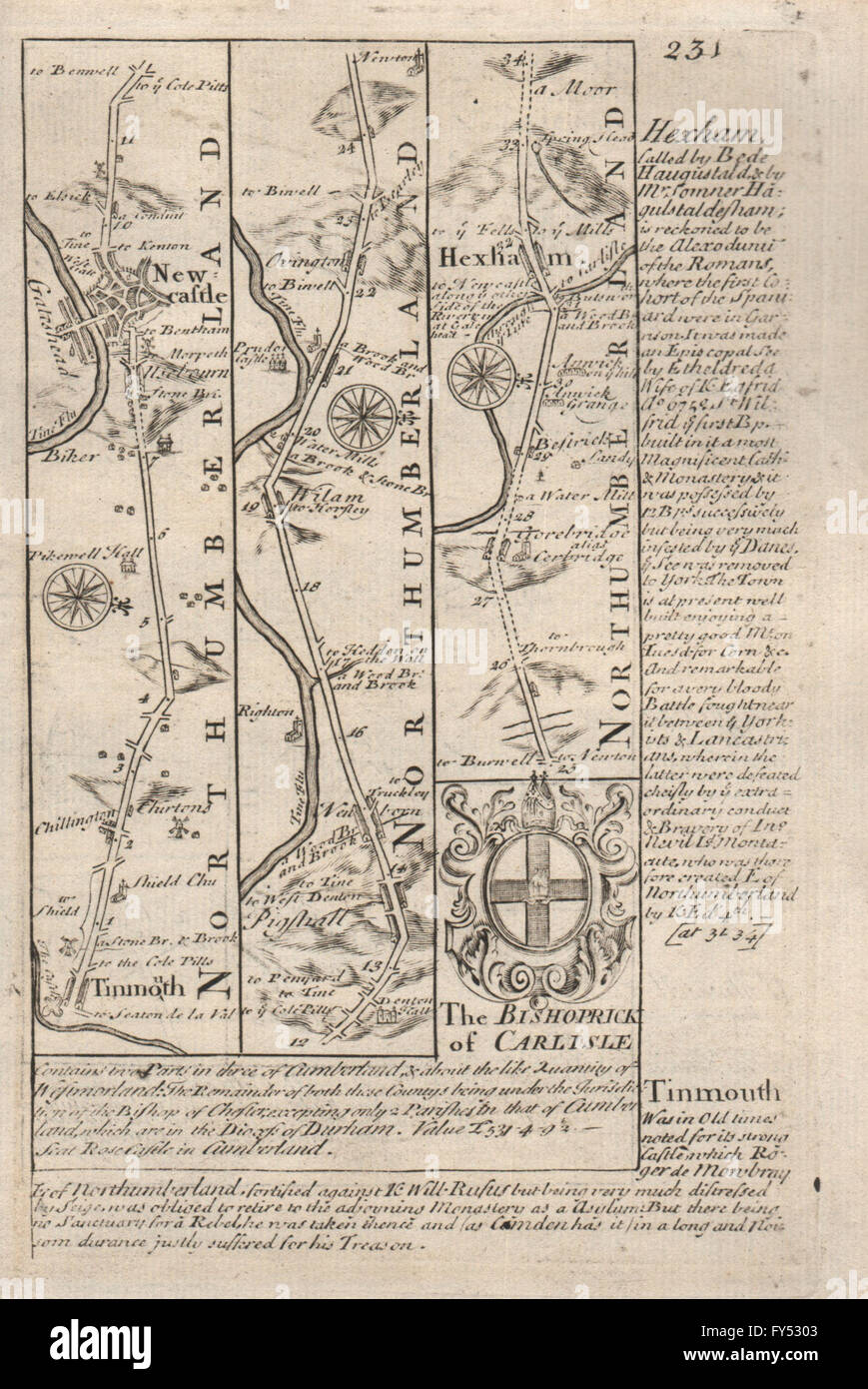 Tynemouth-Newcastle su Tyne-Ovington-Hexham road map da OWEN & BOWEN, 1753 Foto Stock
