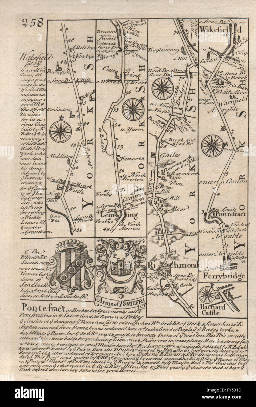 Leeming-Richmond-Barnard Castle. Ferrybridge-Wakefield OWEN/BOWEN road map 1753 Foto Stock