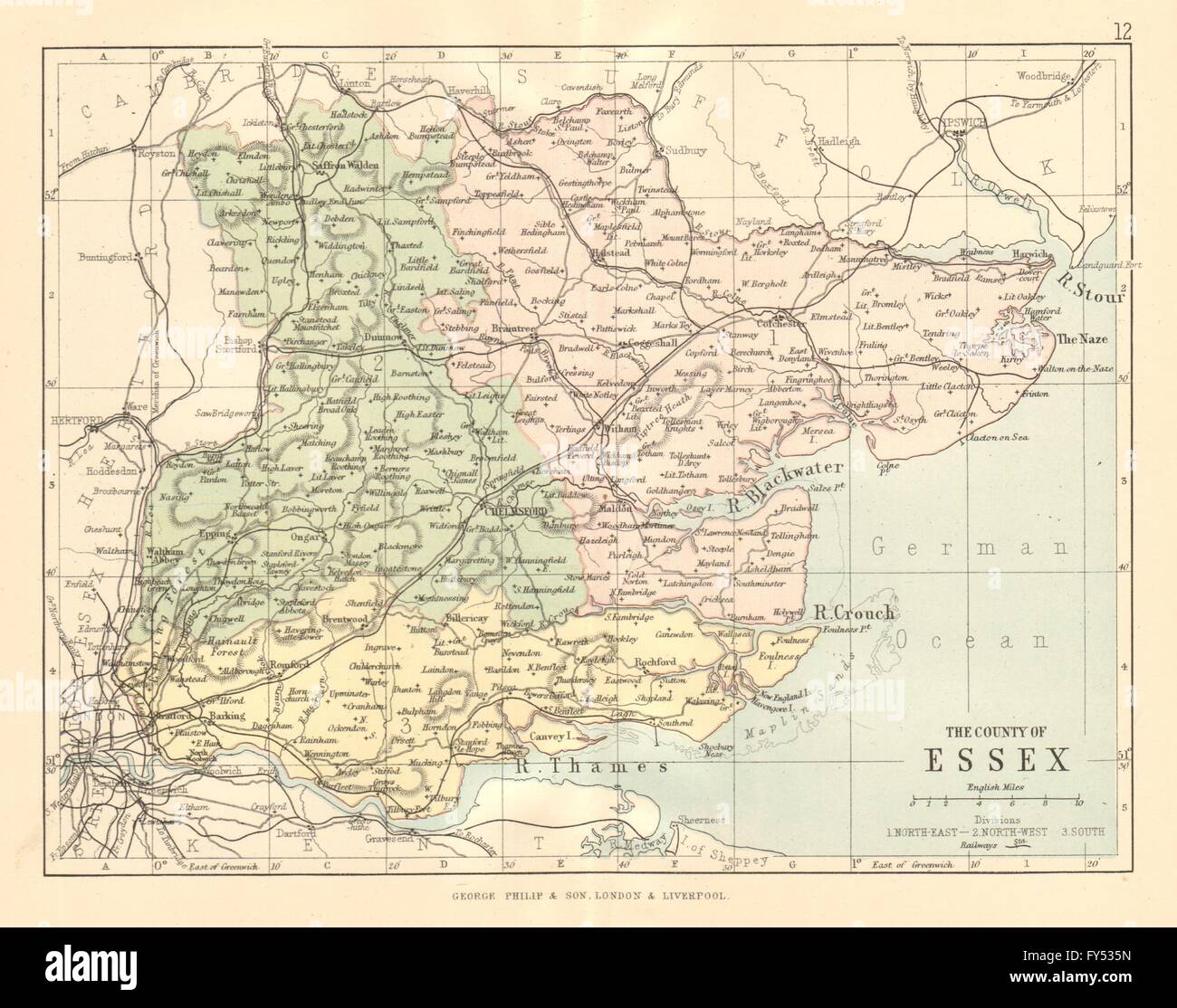 ESSEX: antichi county map. Le ferrovie. Circoscrizioni elettorali. PHILIP, 1884 Foto Stock