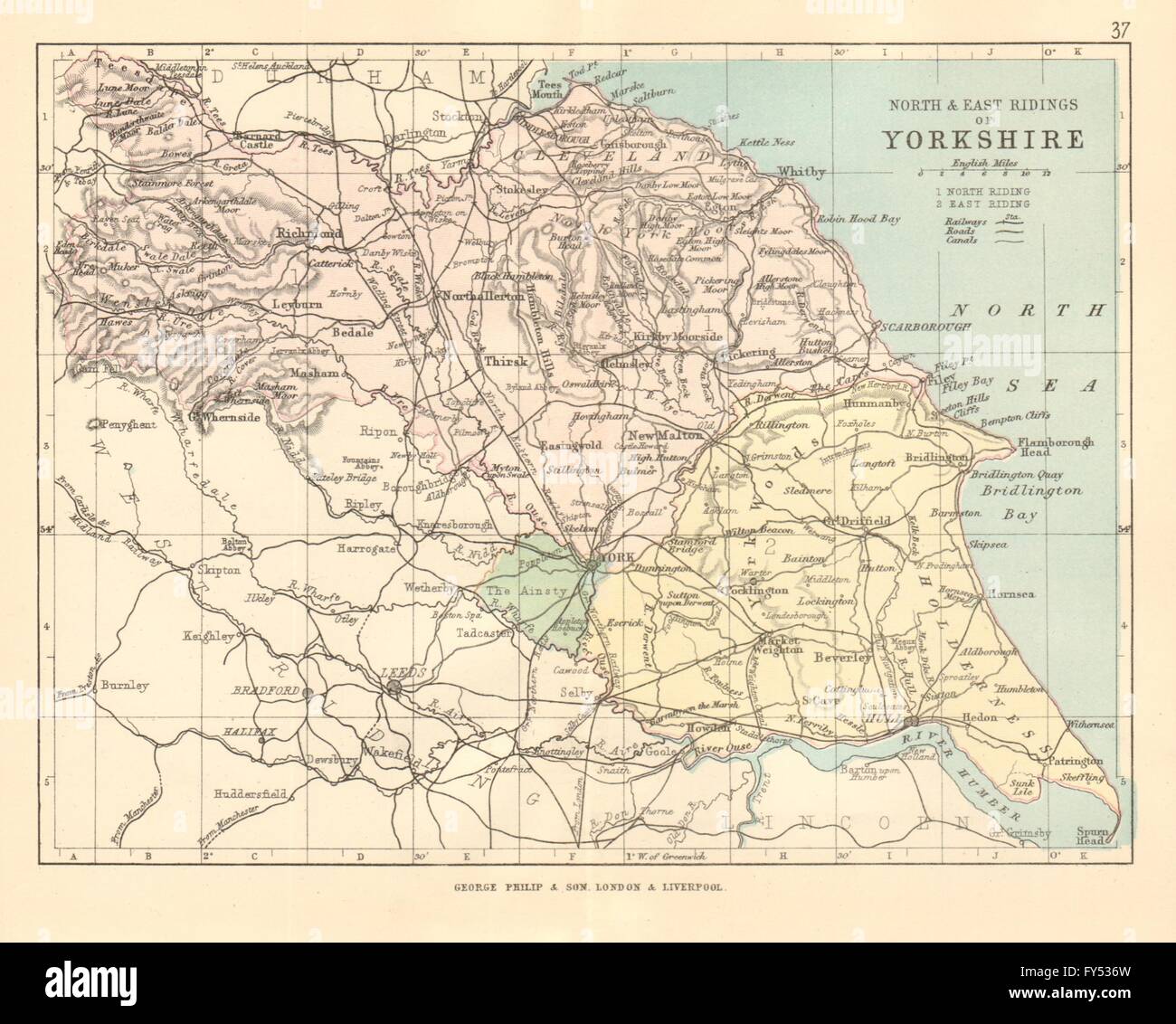 YORKSHIRE del nord e est circoscrizioni: County map. Ferrovie circoscrizioni. PHILIP 1884 Foto Stock