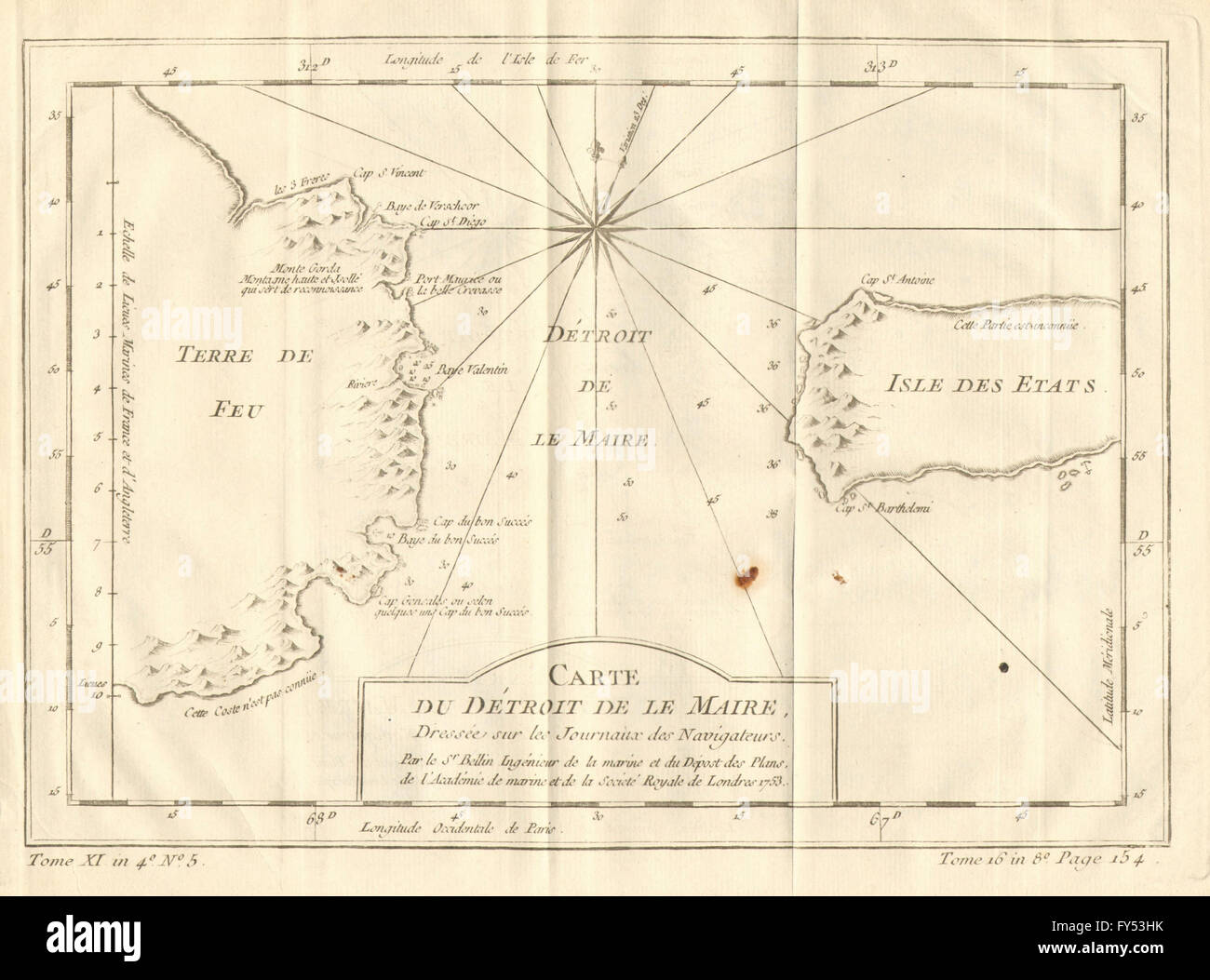 'Detroit de Le Maire' stretto, Tierra del Fuega, Argentina. BELLIN, 1758 Mappa Foto Stock