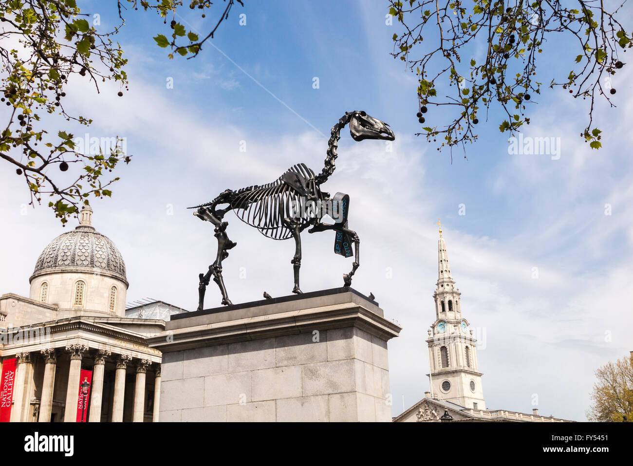 "Regalo" cavallo, una scultura di Hans Haake sul quarto zoccolo in Trafalgar Square, Londra, WC2 UK vicino alla National Gallery Foto Stock