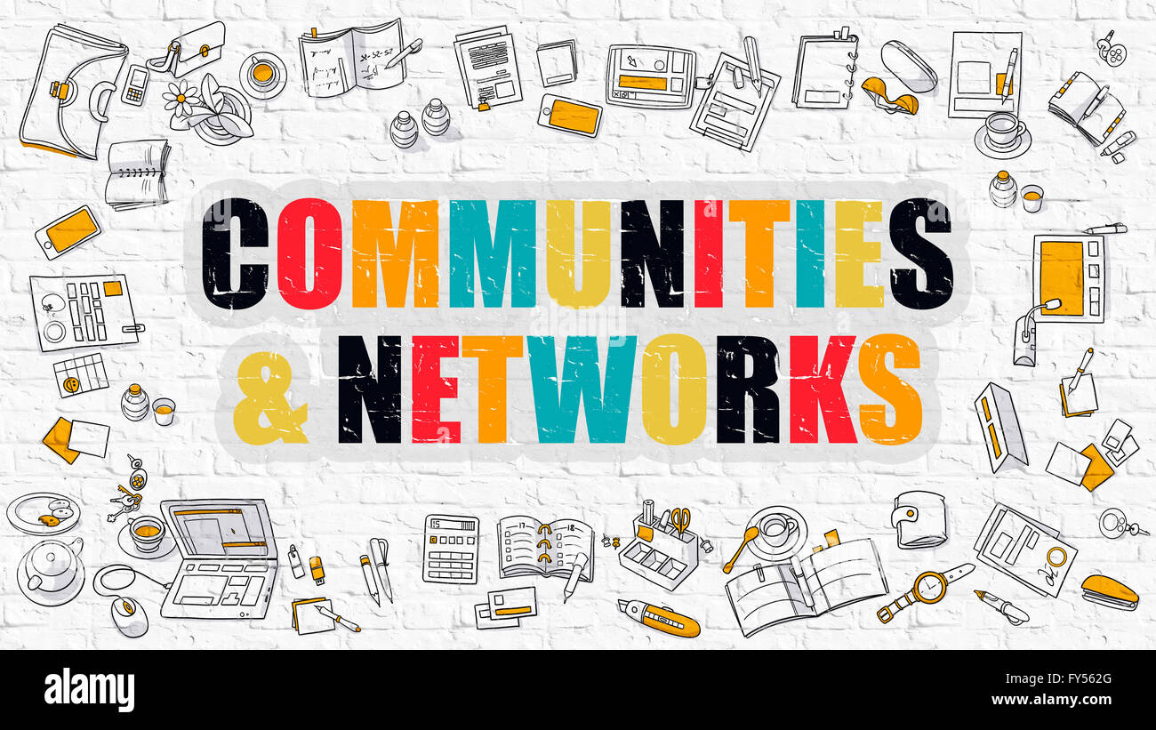 Comunità e reti concetto. Multicolor su bianco Brickwall. Foto Stock
