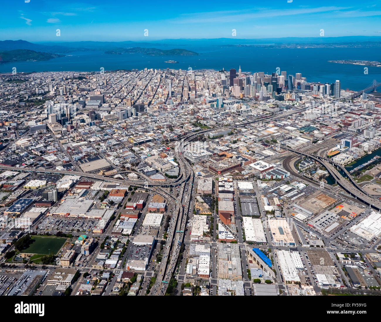 Vista aerea di San Francisco dal sud, sud di San Francisco, San Francisco Bay Area, California, Stati Uniti d'America Foto Stock