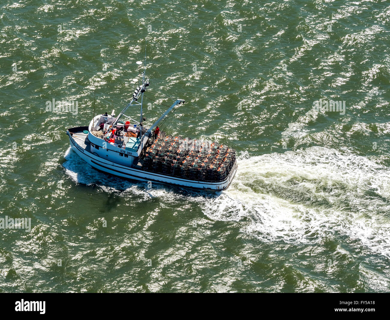 Vista aerea, gamberi barca nella baia di San Francisco San Francisco Bay Area, California, Stati Uniti d'America Foto Stock